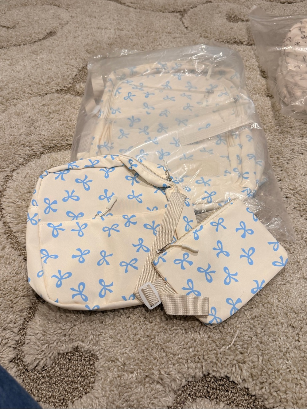 Cream & Light Blue Bow Print Backpack Set
